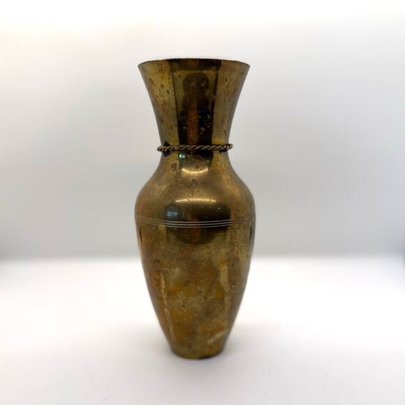 VTG Brass Bud Vase Cord Accent Mid Century Modern Tapered Patina India Decor 7" - Picture 3 of 9